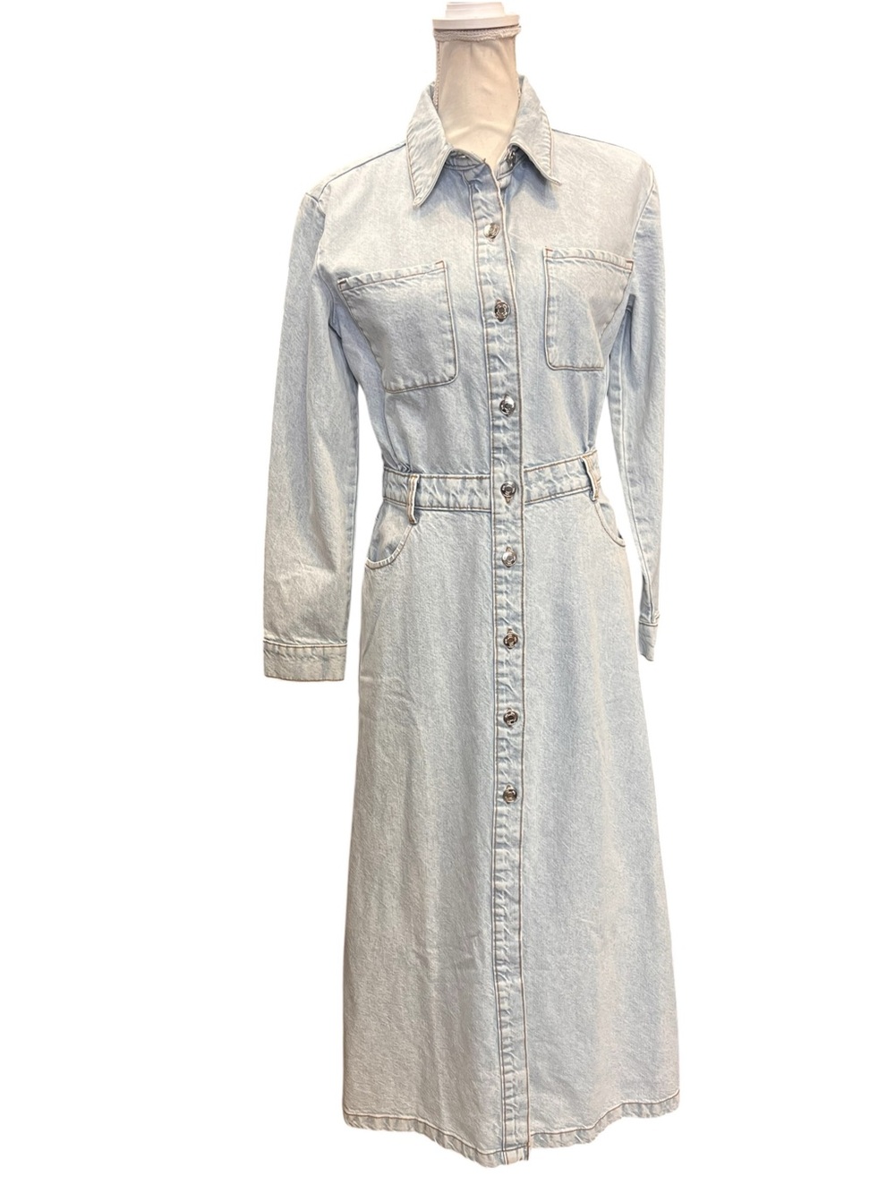 Zara Light Wash Denim Maxi Shirt Dress Button Front Duster Size S - Picture 3 of 12